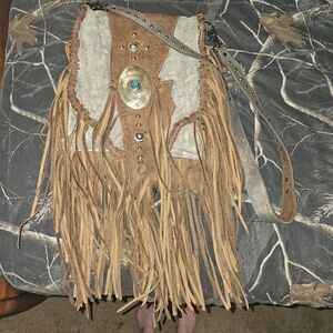American Darling Brown/Tan Fringe Crossbody with Turquoise Concho
